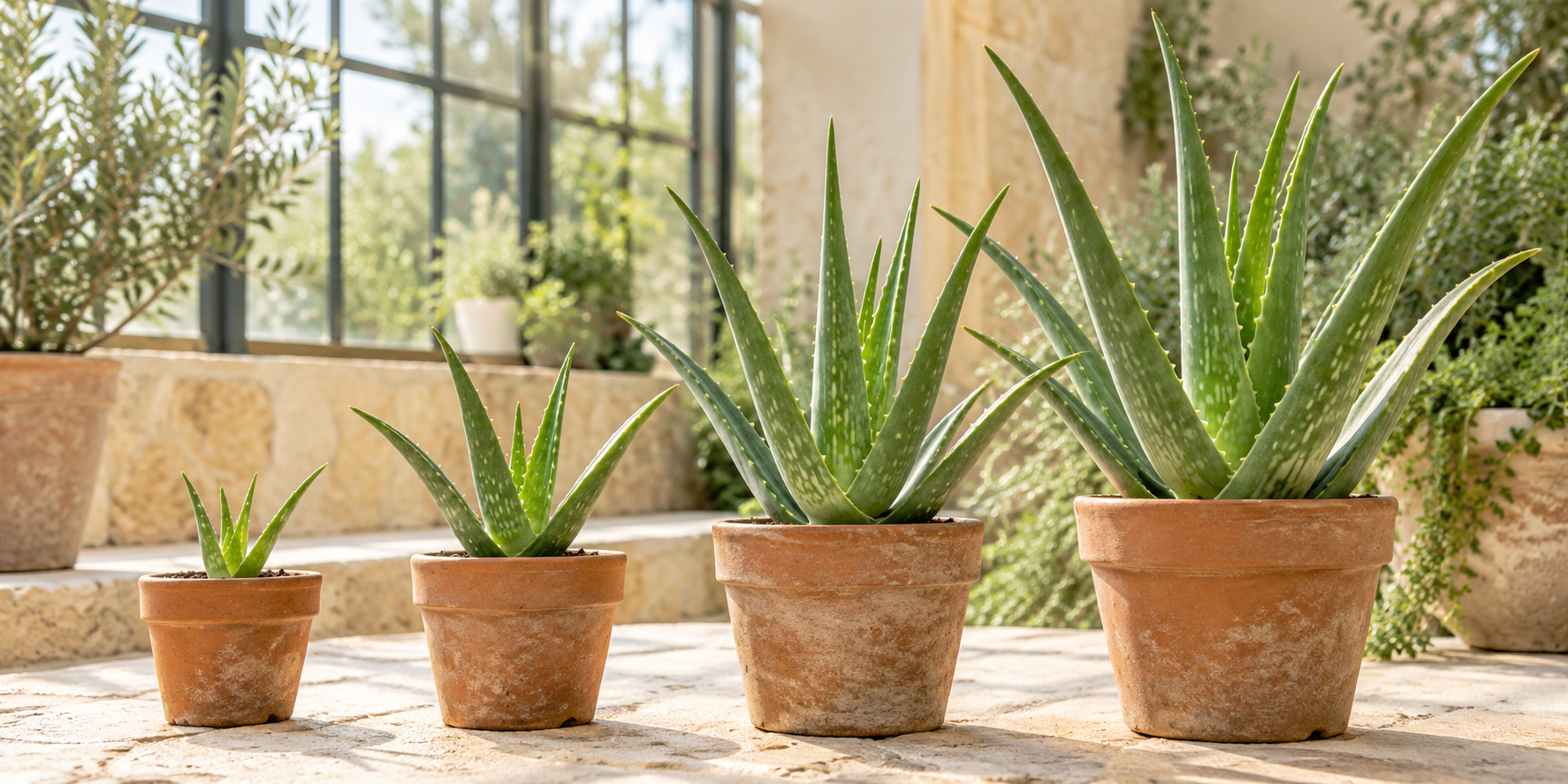 Vier Aloe-Vera-Pflanzen in unterschiedlichen Wachstumsstufen