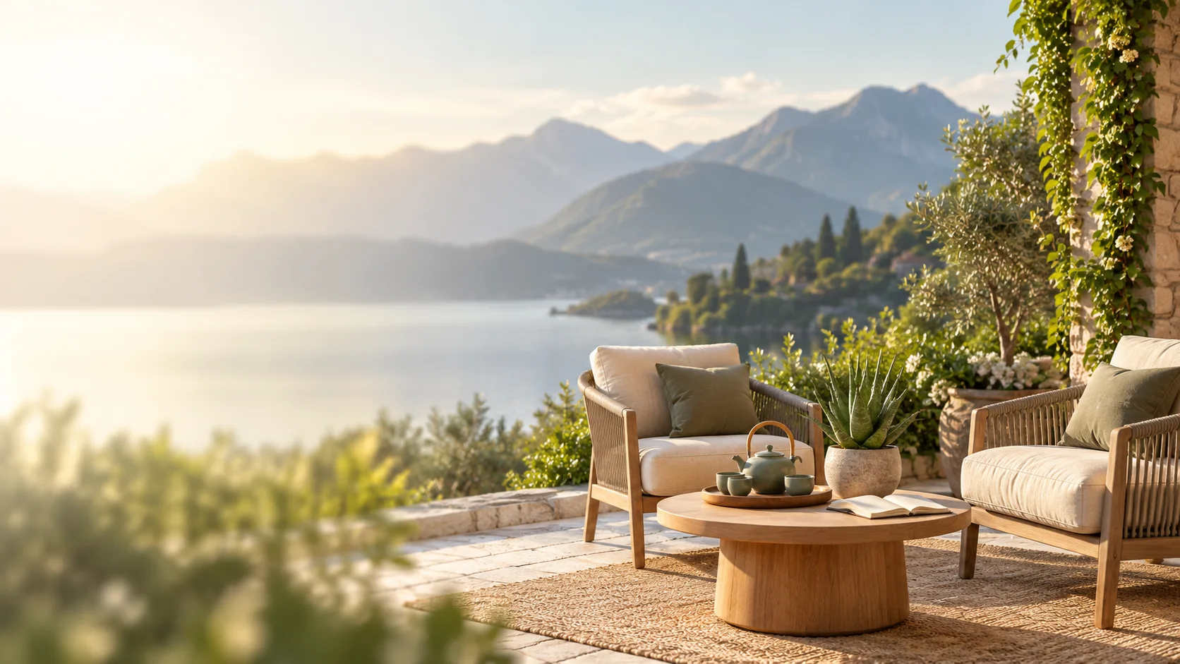 Ruhige Terrasse mit Aloe Vera und Blick auf einen Alpensee